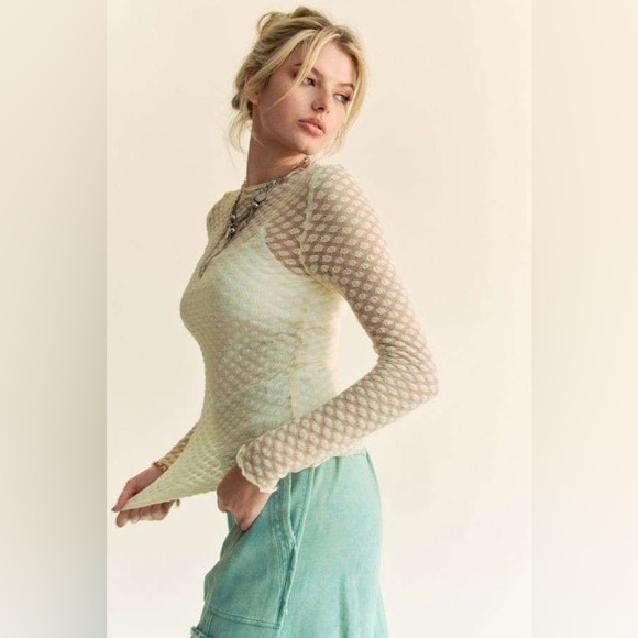 🟠 120B. Dotted Lace Mesh Long Sleeve - Cream - Picture 1 of 9